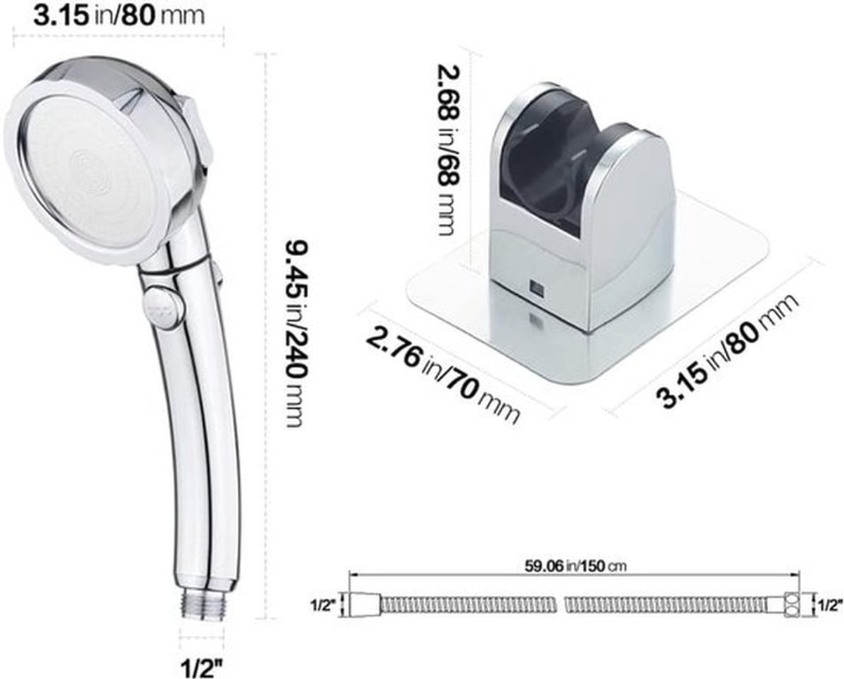 Drill-Free Hogedruk Handdouche met AAN-UIT Pauzeschakelaar - 3 Sproeimodi - Waterbesparende Douchekop - Afneembare Puppydouche Accessoires - Chroom - Houder - Slang douchekop met stang