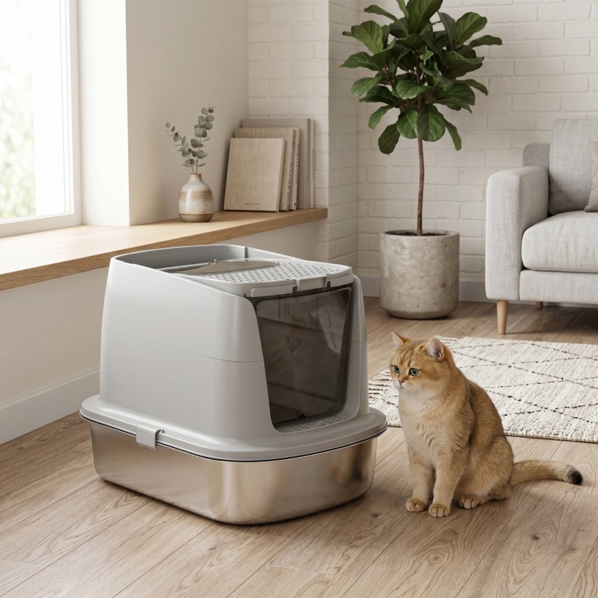 Kattenbak – Gesloten Rvs Kattenbak – 52,4 X 41,3 X 39,8 Cm – Lichtgrijs – Met Schep En Geurzak Voor Hygiënische Kattenbak