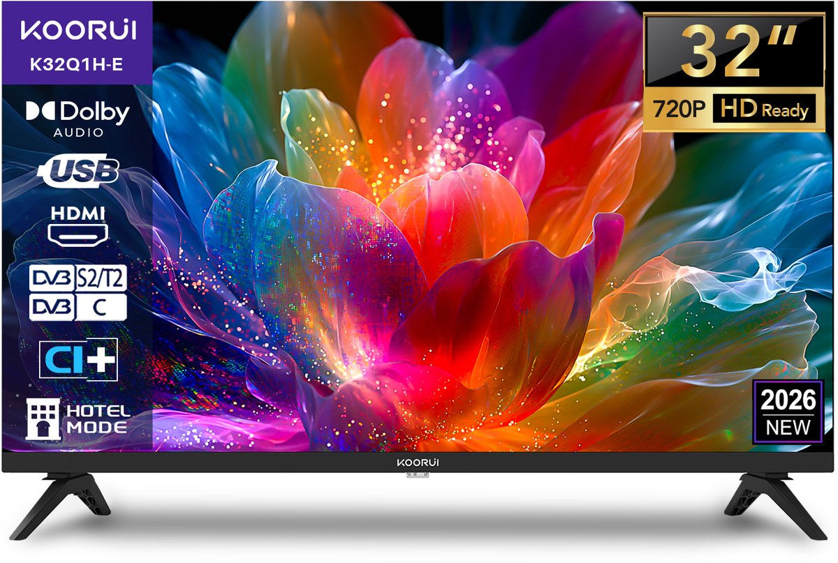 Koorui Standaard TV - LED HD - 32 inch/81 cm - AirPlay - Hotelmodus - HDMI x3, USB x2, CI+ - Tripple Tuner DVB-T/T2/S/S2/C - Frameless Design - Geassembleerd in Nederland - K32Q1H-E