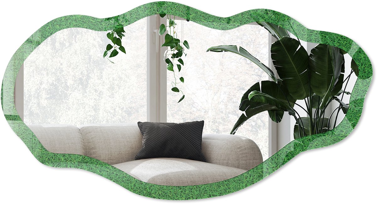 Wallfluent Graspatroon Spiegel - Groen Strakke Rechthoekige Spiegel - Organische Spiegel - Woonkamer, Hal, Kantoor - Minimalistisch - 45x90 cm - Totale afmeting 52x97 cm