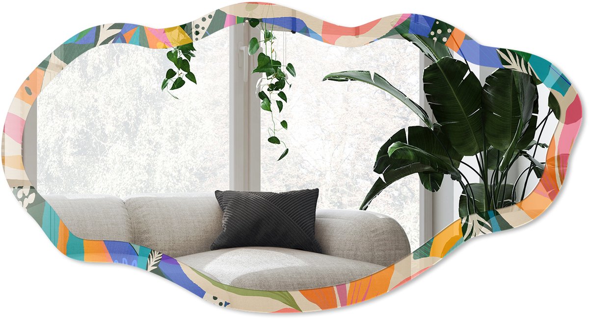 Wallfluent Exotische Bladeren Spiegel - Oranje Elegante Rechthoekige Wandspiegel - Organische Spiegel - Woonkamer - Abstract - 45x90 cm - Totale afmeting 52x97 cm