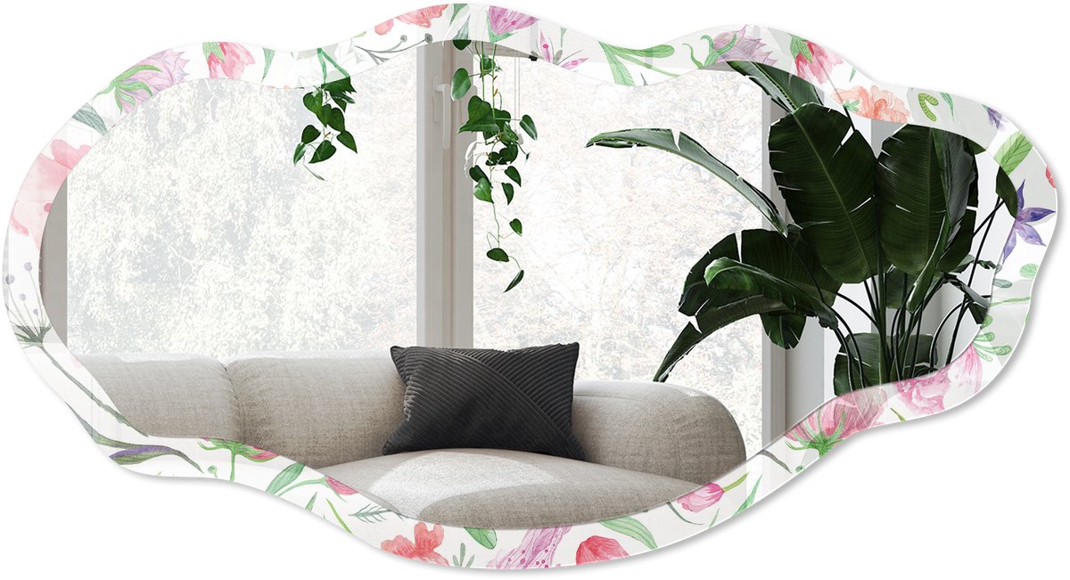 Wallfluent Bloemen In Aquarel Spiegel - Roze Stijlvolle Wandspiegel - Organische Spiegel - Slaapkamer, Woonkamer, Hal - Aquarel - 45x90 cm - Totale afmeting 52x97 cm