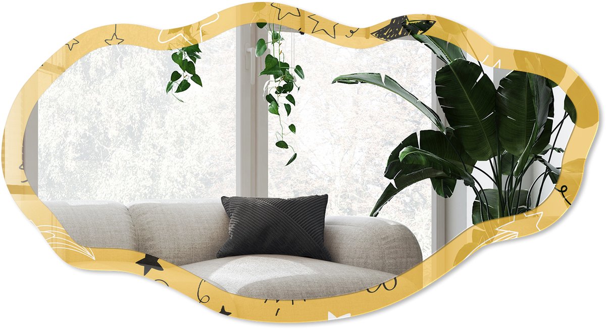 Wallfluent Stermotief Spiegel - Geel Rechthoekige Spiegel Voor Interieur - Organische Spiegel - Slaapkamer, Woonkamer - Illustratief - 45x90 cm - Totale afmeting 52x97 cm