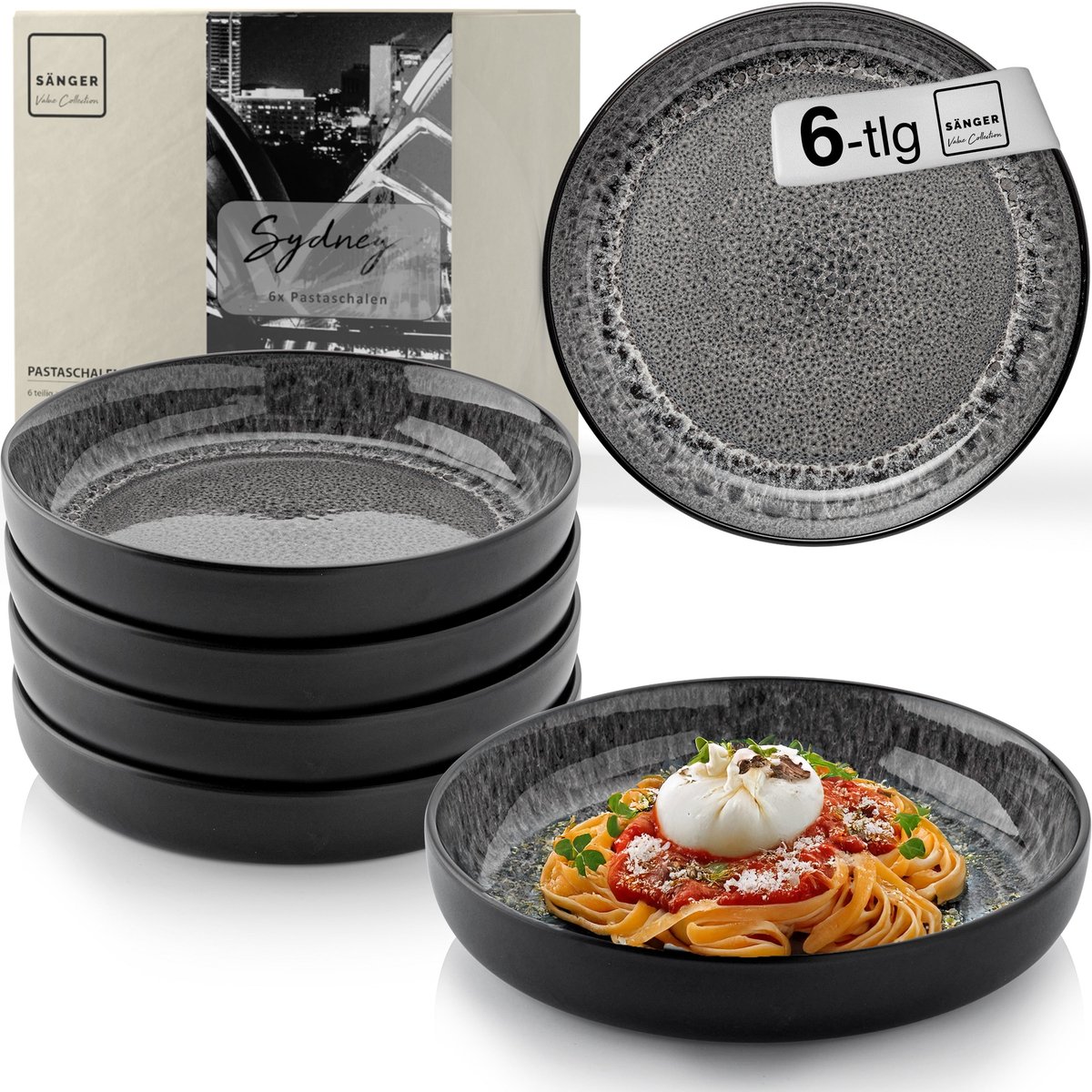 SÄNGER Pastaschalen Set Sydney - 6 Stuks Kommen - Ø 22,2 cm x 4,5 cm - 750 ml - Aardewerk Pastaborden - Vaatwasbestendig En Magnetronbestendig