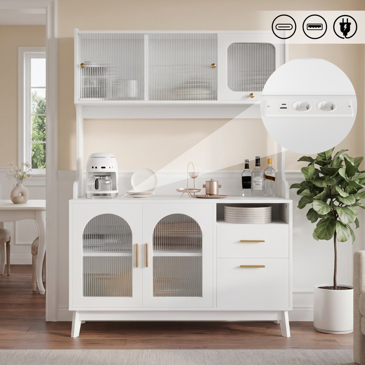 OKWISH Buffetkast – Met Ingebouwde Stopcontacten – 2 Deuren, Lade En Open Vak – Witte Houtlook – 120×40×178 Cm
