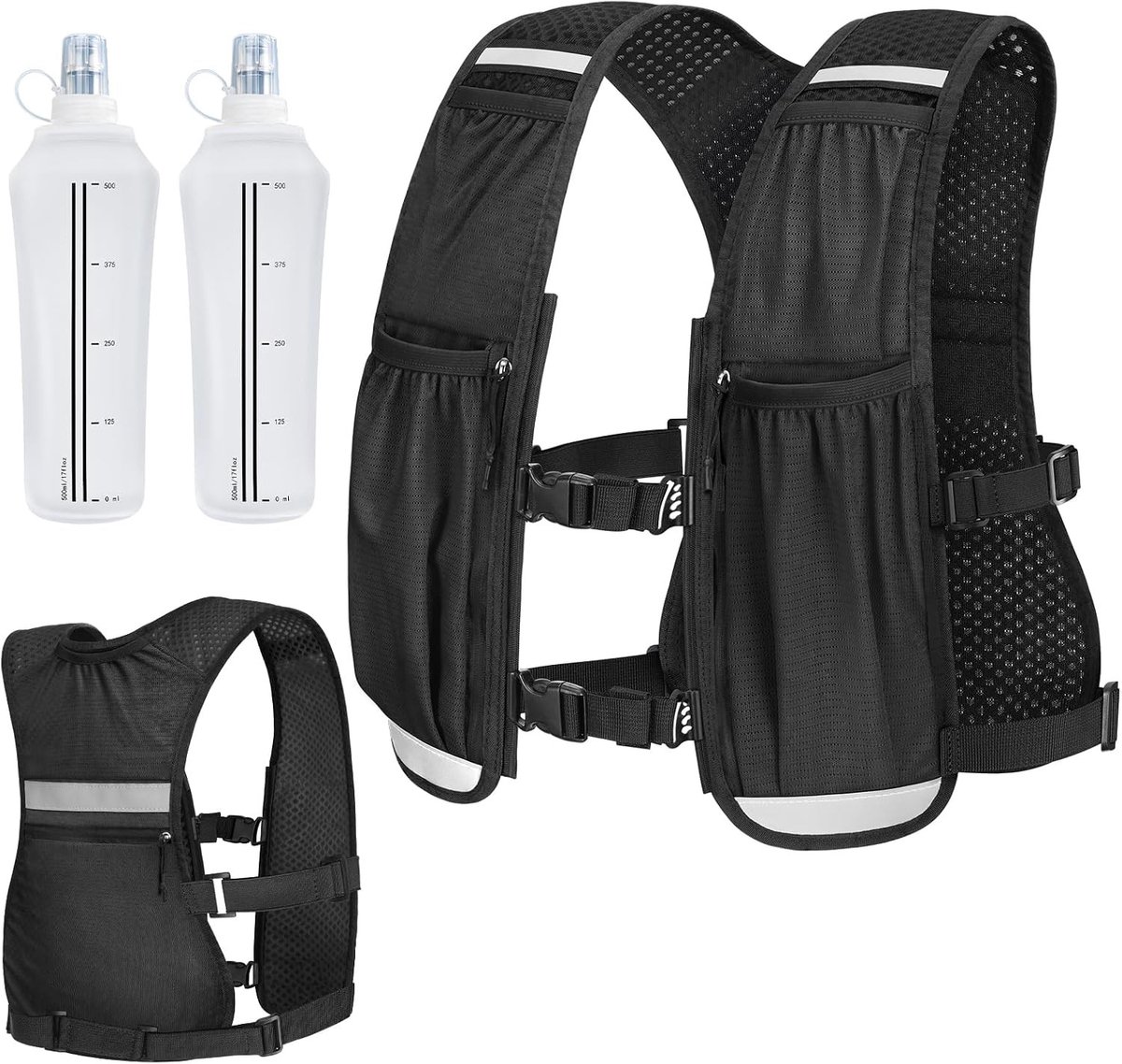 Loopvest - Zwart - Lichte hardlooprugzak met 2 drinkflessen van 500 ml - Ademend mesh - Voor dames en heren
