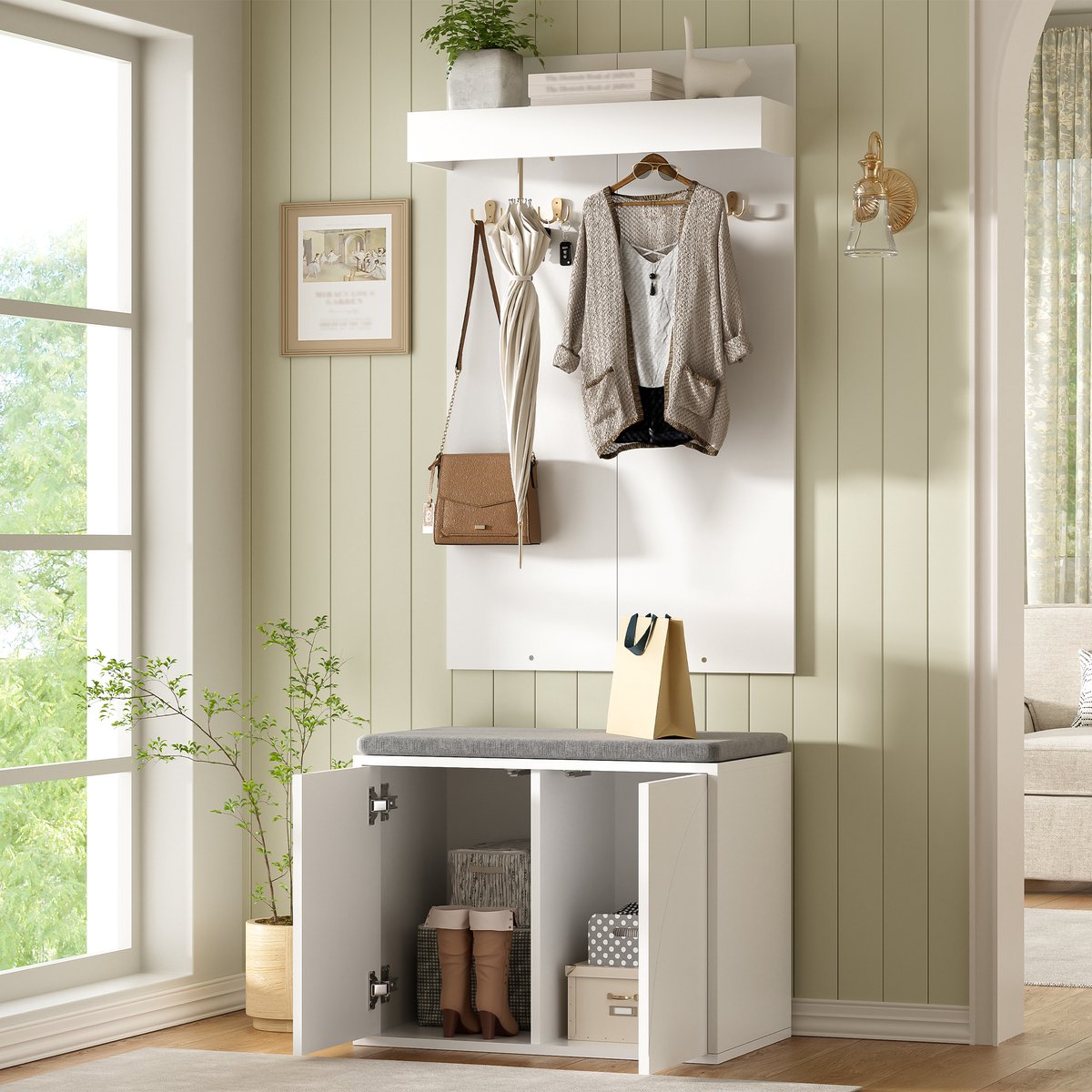 OKWISH Garderobeset 3-In-1 – Kleerstandaard Met 4 Haken En Schoenkast Met 2 Deuren – Met Schoenbank – Wit – 60 x 35 x 145 cm