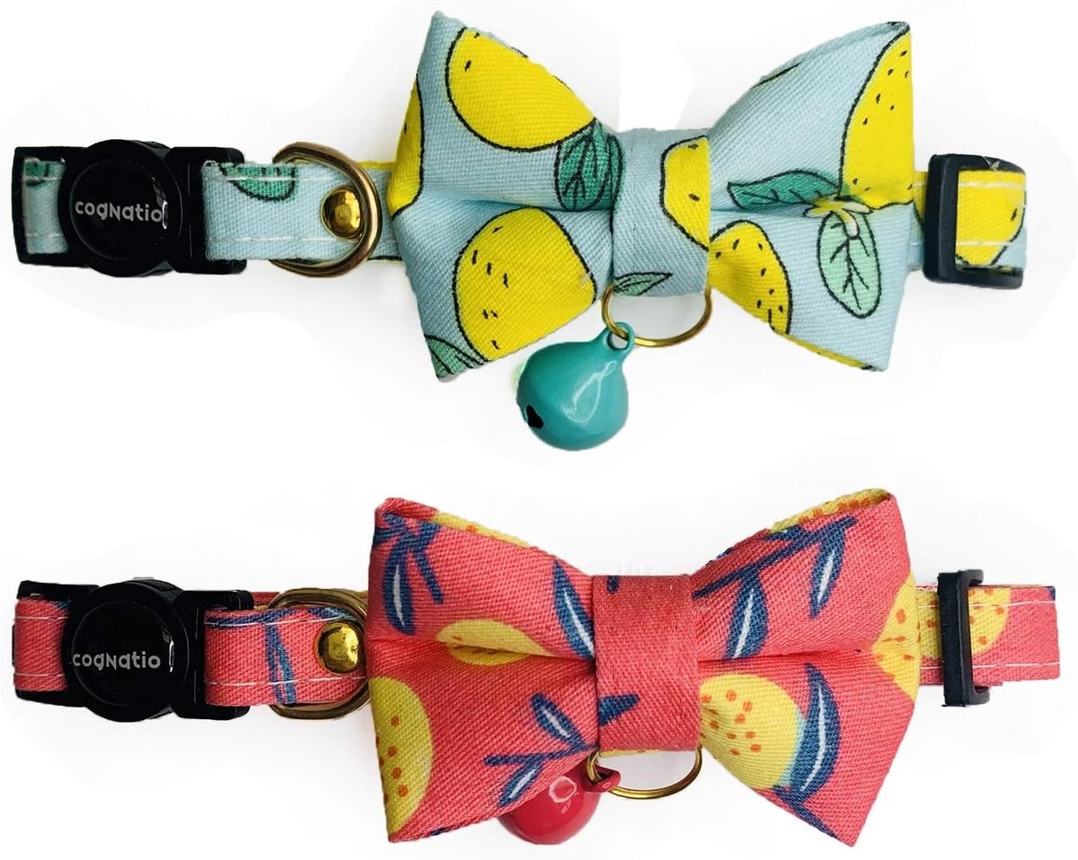 Vogelharnas voor huisdieren - Citroenrood en Blauw - 20-30 cm - Verstelbare Kattenhalsband met Fruitpatroon en Vlinderdas - Voor Kleine tot Middelgrote Katten