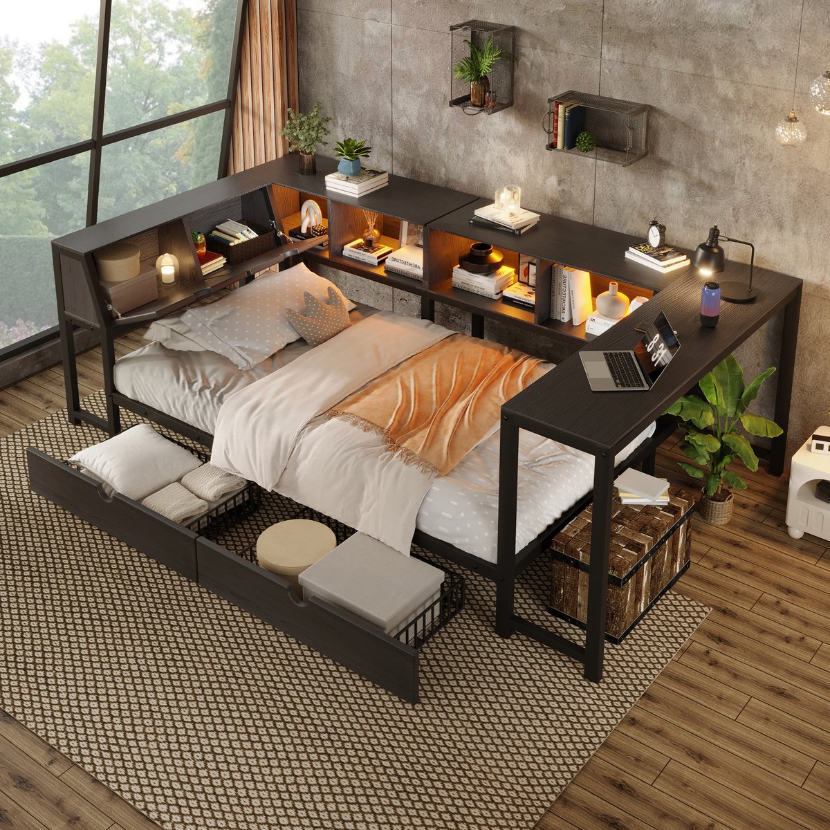 DESMIU Metalen Bed 90x200cm Zonder Matras - Bed Met Opbergruimte, LED Verlichting, Bureau En Lades - Voor Jeugd En Studenten - Zwart