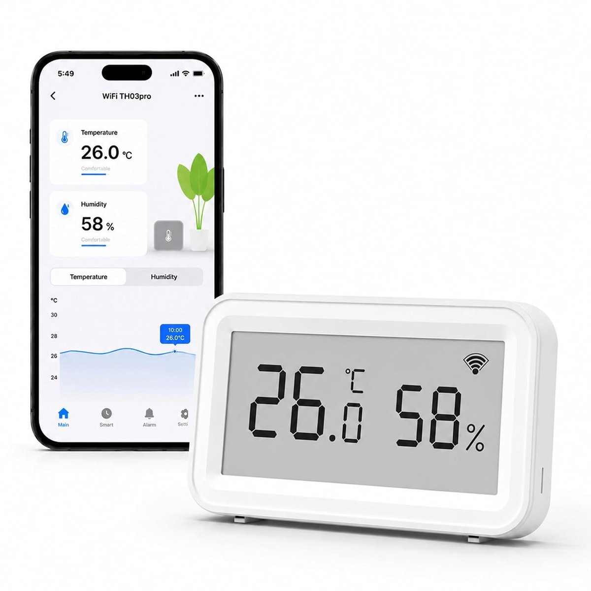 Wifi-thermometer - Wit - 75 x 44,5 x 17,5 mm - Draadloze Temperatuur- en Vochtigheidssensor met LCD-display - Voor Thuisgebruik