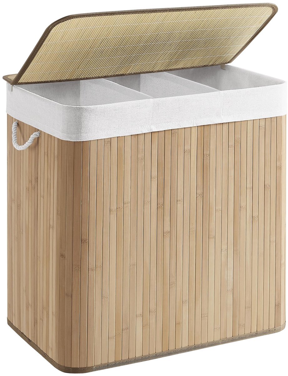 Famanu – Wasmand van bamboe, 150L, wasbox met deksel en 3 compartimenten voor het scheiden van was