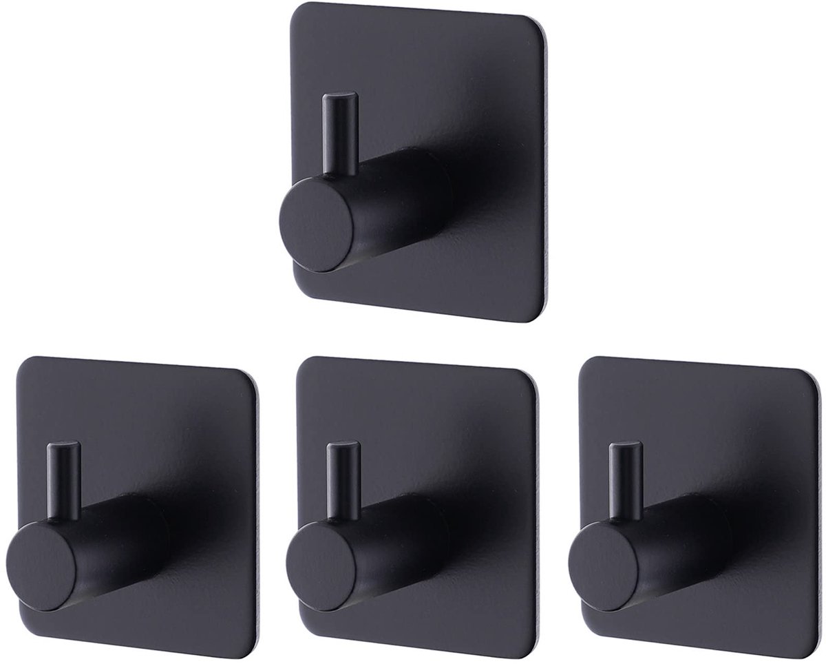 Famanu – Zelfklevende handdoekhouder, zwart mat, zonder boren, roestvrij staal, 4 stuks