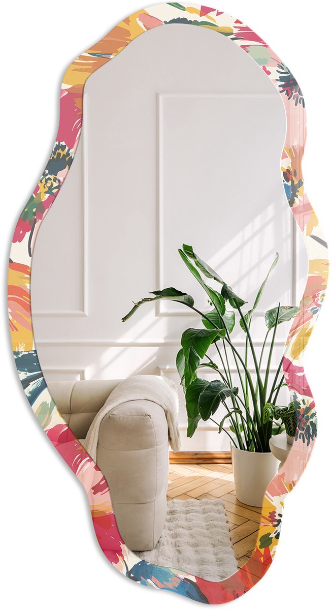 Coloray Bloemenpatroon Spiegel - Geel Elegante Rechthoekige Wandspiegel - Organische Spiegel - Woonkamer - Schilderachtig - 45x90 cm - Totale afmeting 52x97 cm