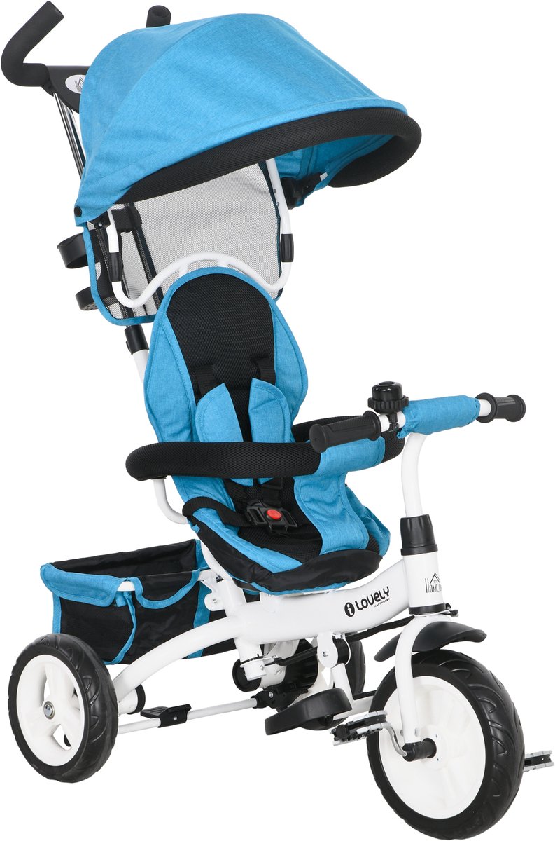 ECTEATOY® 6-in-1 Driewieler met Duwstang - Kinderdriewieler met Verstelbare Zonnekap en Veiligheidsgordel - 1 tot 5 Jaar - Blauw