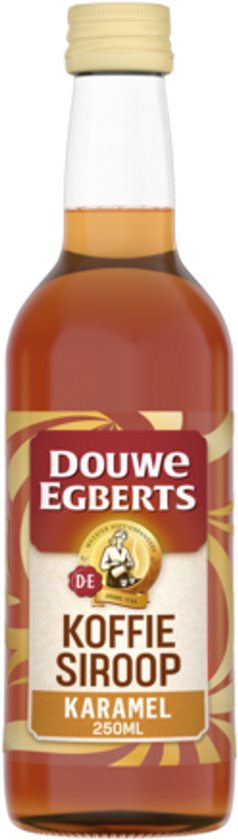 Fles Douwe Egberts Karamel Koffiesiroop met rood, geel en oranje label, opdruk en '250ML'.