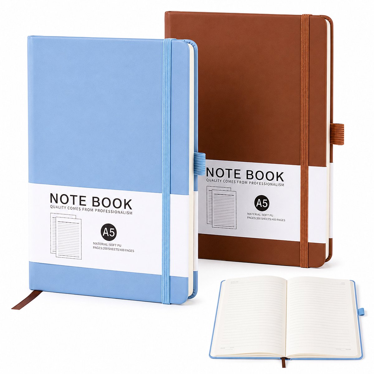 VHV - Notitieboek A5 Set van 2 - 200 Pagina's per Boek - Gelinieerd Notitieboeken - Notebook - Harde Kaft, Elastische Sluiting, Pennenlus en Bladwijzer - Voor Werk, Studie en Planning - Hemelsblauw & Vintagebruin