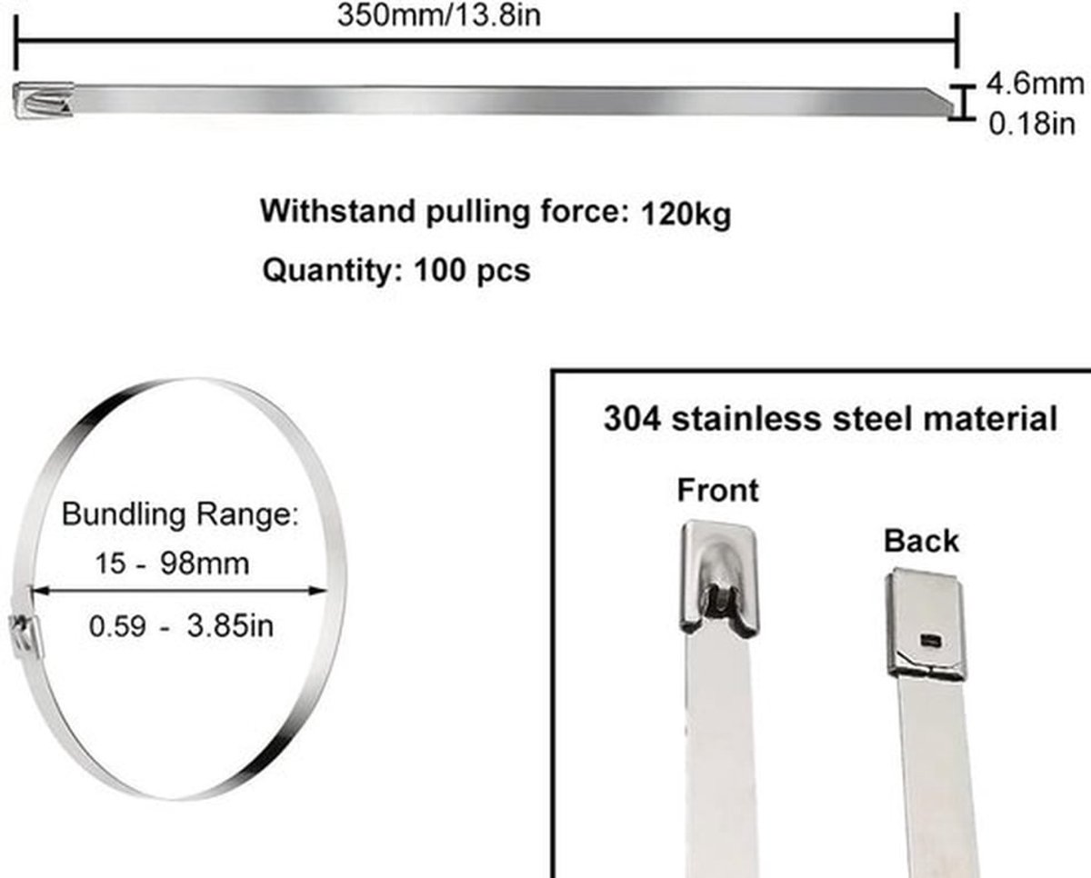 Kabelbinders - Metalen Kabelbinders - Duurzaam en Weerbestendig - 350 x 4.6 mm - Perfect voor Verbindingen - Geschikt voor Doe-het-zel...