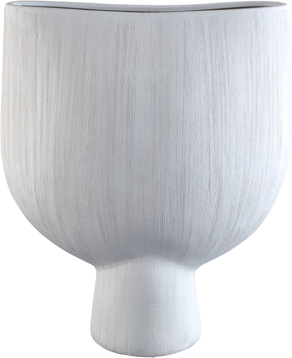 PTMD Tywin White Ceramic Oval Pot On Foot Fine Lines L