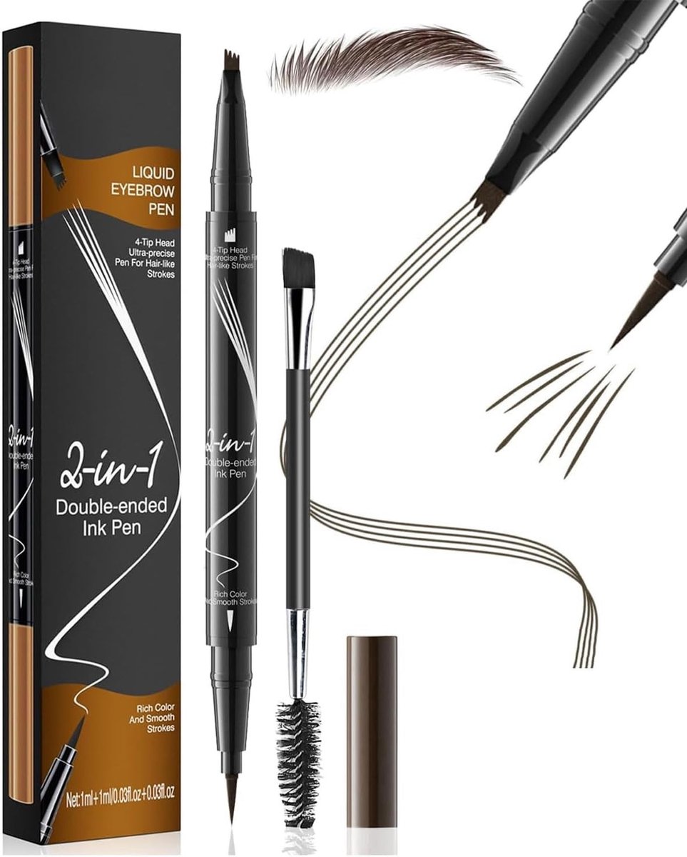 2-in-1 Waterproof Oogbrauwpen met 4 Tips voor Natuurlijke en Vivid Microblading Effecten - Zwart-Bruin
