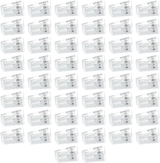 Grote groep transparante clips met metalen veer, netjes opgesteld.