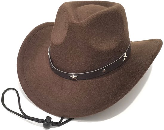 Bruine vilten cowboyhoed met zwarte leren band en sterren studs.
