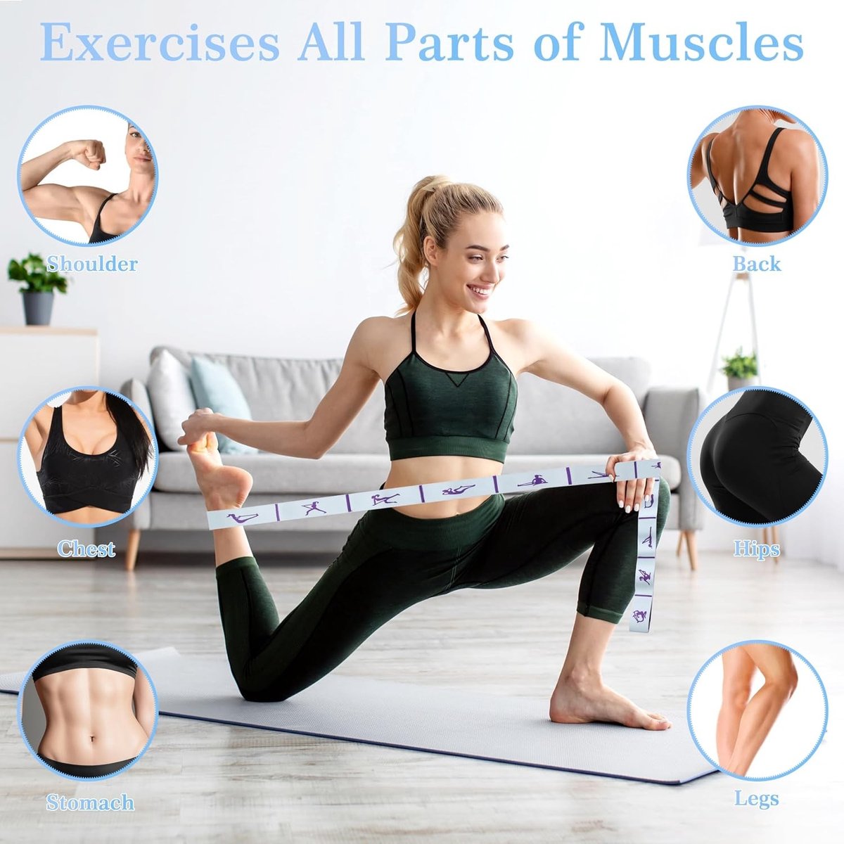 Yoga Stretching Strap met 12 Lussen voor Effectieve Rek- en Strek oefeningen, Geschikt voor Pilates, Dans en Gymnastiek, Hoogwaardige Elastische Fitnessbanden
