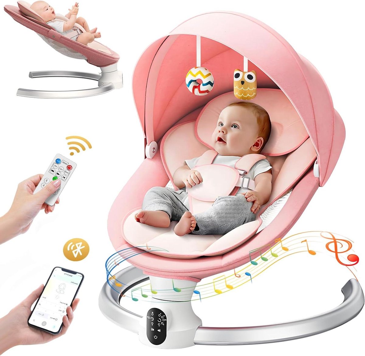 Elektrische Baby Schommel - Baby Wipstoel - Baby Ontspanning - 5 Swing Breedtes - Tot 9 kg - Roze