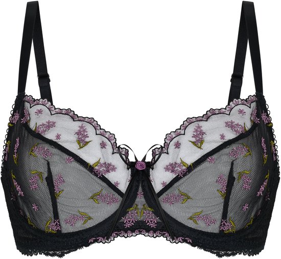 Zwarte beugelbeha van kant met geborduurde paarse bloemen en kanten rand.