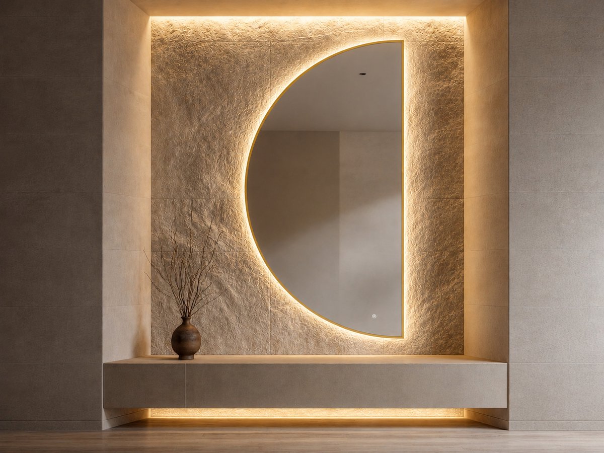 Mawialux Halve Maan LED Spiegel - Geborsteld Goud - Halfrond Links - 100x200cm - Decoratieve Spiegel - Woonkamer Spiegel - Gang Spiegel - Slaapkamer Spiegel - Entree Spiegel - Jazz