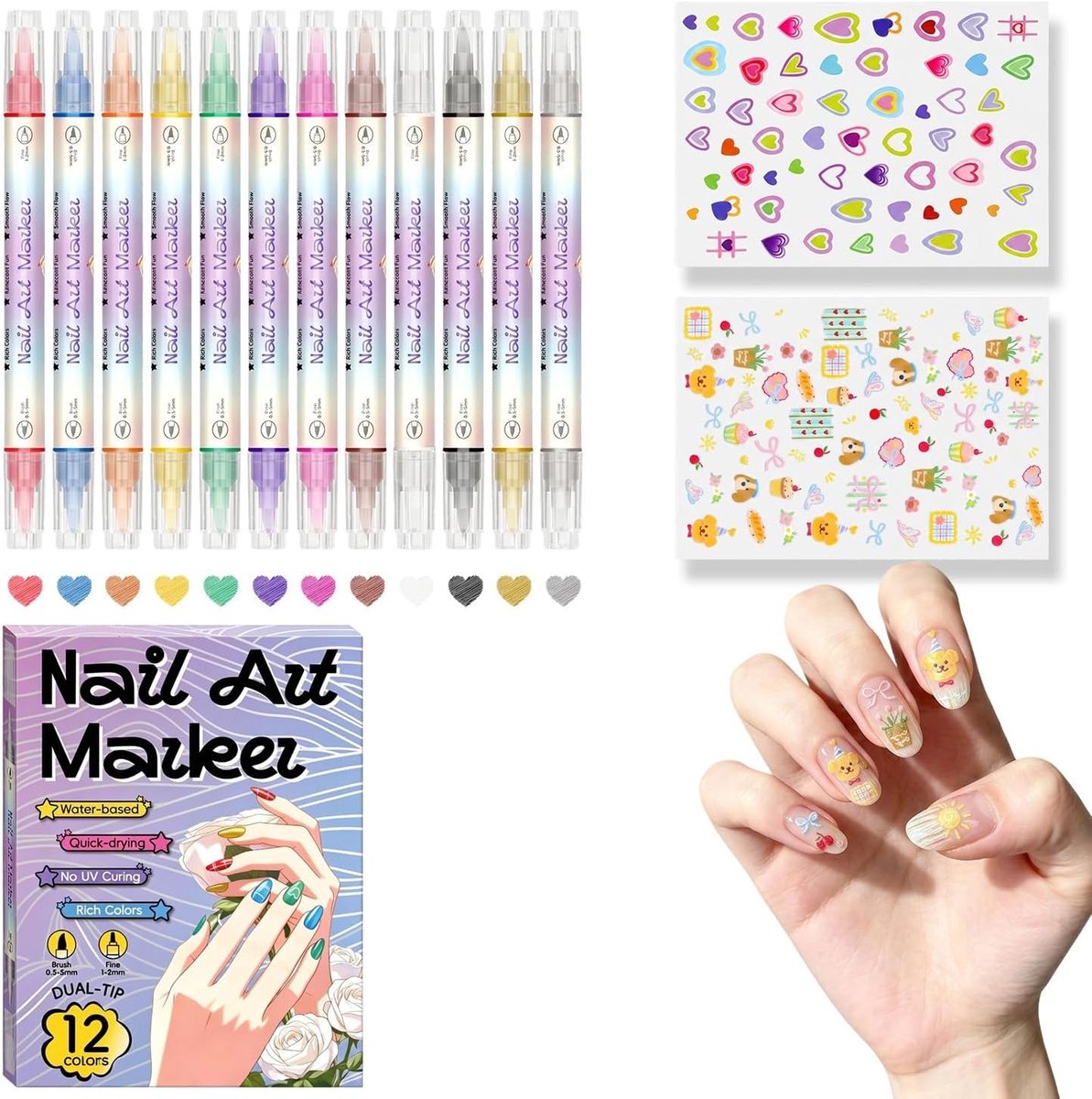 Nagelmarkerset met 12 kleuren voor 3D-nagelkunst, sneldrogend en ideaal voor lijnen en stippen, inclusief 2 stickervellen voor creatieve ontwerpen