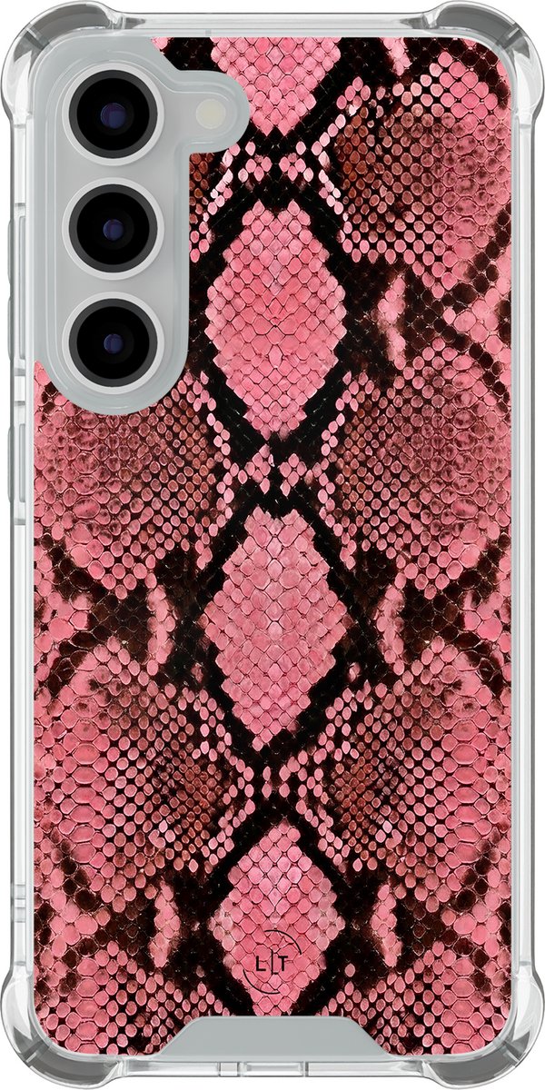 Shockproof hoesje - Geschikt voor Samsung Galaxy S23 - Slangenprint roze - Extra sterke case - TPU/polycarbonaat - Slangenprint - Roze, Transparant