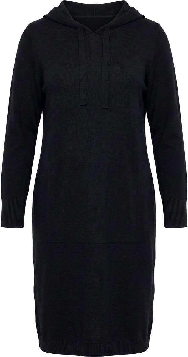 Ulla Popken - Dames - Gebreide midi-jurk capuchon lange mouwen - Marine - Maat 62+