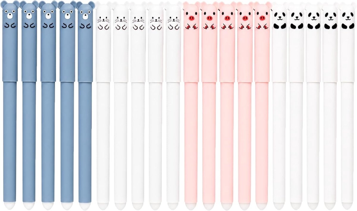 Set van 20 uitwisbare gelpennen met schattige dieren, 0,5 mm, perfecte schoolbenodigdheden voor kinderen en studenten, met geïntegreerde gum en zwarte uitwisbare inkt