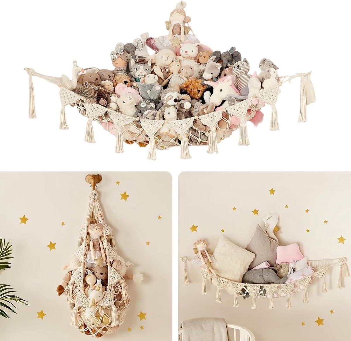 Grote Hangende Hamsterzak voor Knuffeldieren - Pluche Opslagnet voor Speelgoed met LED Sfeerverlichting en Bohemian Design voor Kinderkamers