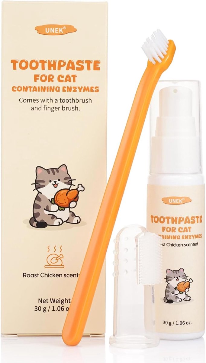 Kat tandenborstel set - Enzymatische tandpasta 30 g kip smaak - Met tandenborstel en vingerborstel - ShopVlot