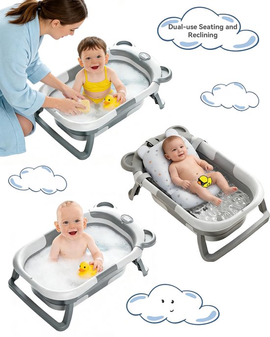 Opvouwbaar babybad met temperatuurweergave - roze - inklapbare badkuip - antislip reisdouche - Luxento — afbeelding 3
