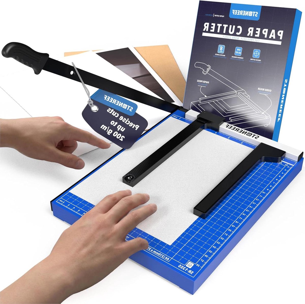 Papiersnijder Metaal - Hefboom Snijder - Nauwkeurig Snijden - Magnetische Accessoires - A4 tot 200 g/m² - Blauw