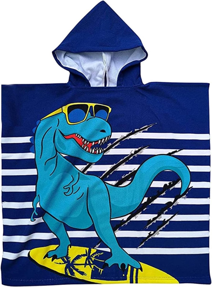 Schattige Kinderen Badcape met Kap - Zachte en Sterk Absorberende Poncho voor Jongens en Meisjes - Ideaal voor Strand en Bad (Dino met Zonnebril)