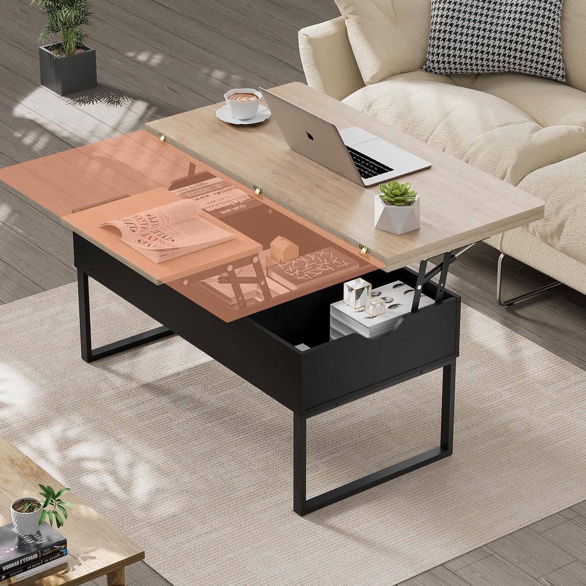 Uitschuifbare Salontafel - Hefblad Tafel - Werken en Eten - Twee-weg Lift-Top - 100x50 cm - Bruin Zwart