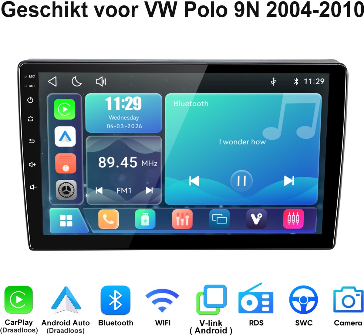 Junsun Linux Draadloos Carplay & Andriod Auto Geschikt voor VW Polo 9N 2004-2010 - 9 Inch HD TouchScreen - Bluetooth - Navigatie - Stuurwielbediening - WiFi - FM - RDS- Airplay