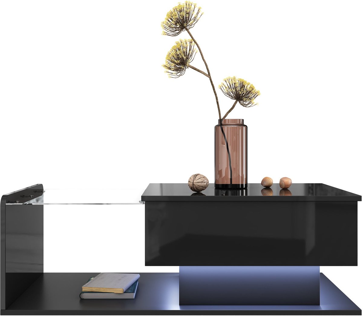 Merax Verstelbare Salontafel - Hoogglans Zwart - Met Gehard Glas en Ledverlichting - Opbergruimte - 100 x 50 cm
