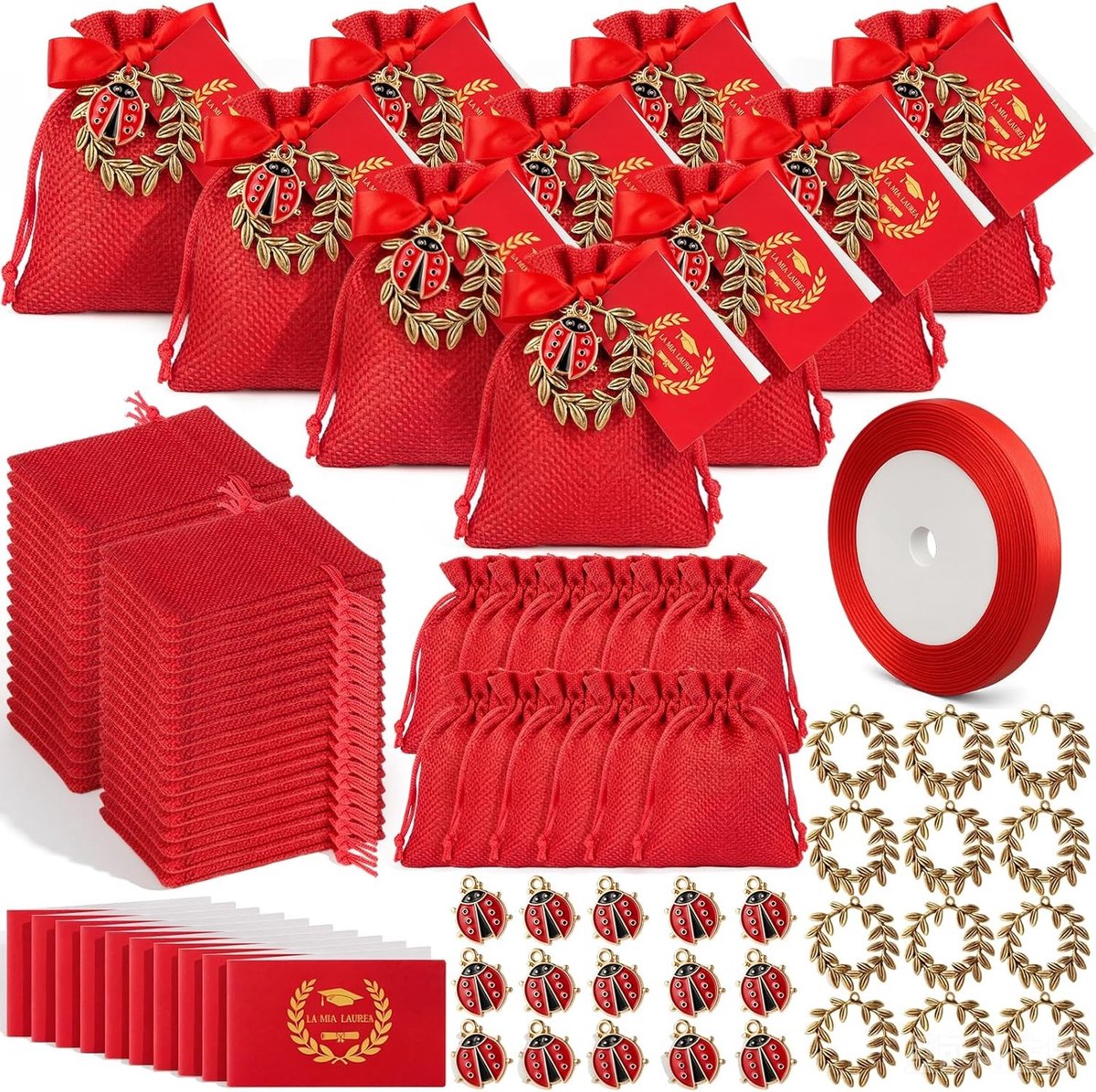 60 Sets Afstudeercadeautjes met Rode Jute Zakjes, Laurierkranshanger, Lieveheersbeestjes en Wenskaarten voor een Feestelijk Afstudeerfeest