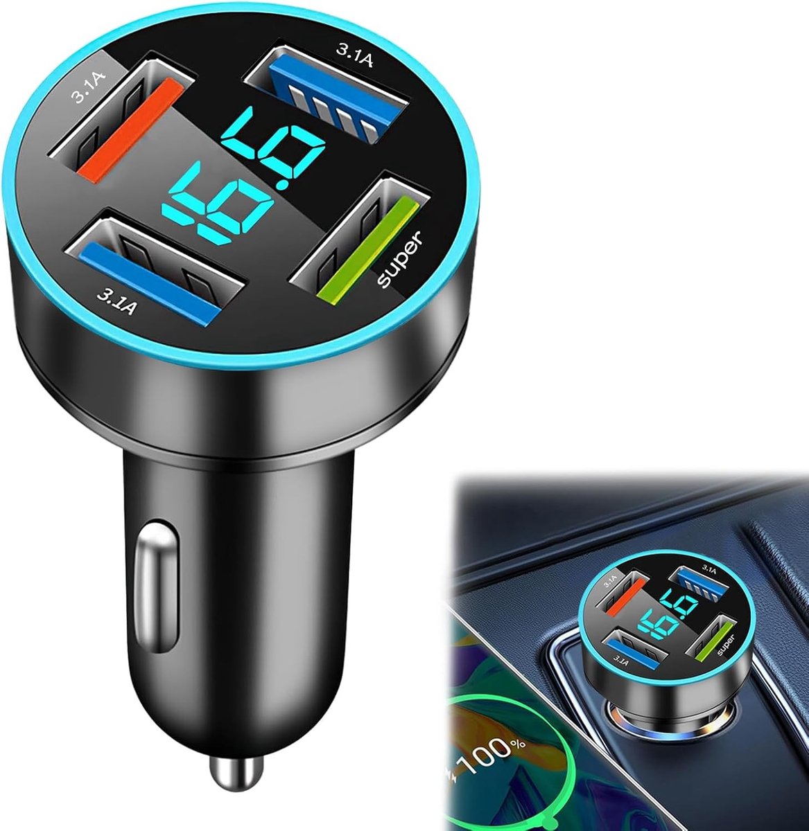 USB-autolader - Zwart - 66 W - Met 4 Poorten en LED-Voltmeter - Voor Auto