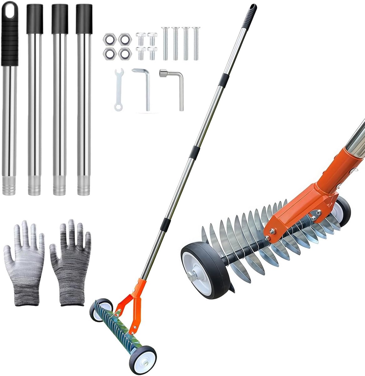 Rieten hark met handvat en wielen voor gazons, 170 cm metalen hark voor het losmaken van grondverzameling, tuinhark - ShopVlot