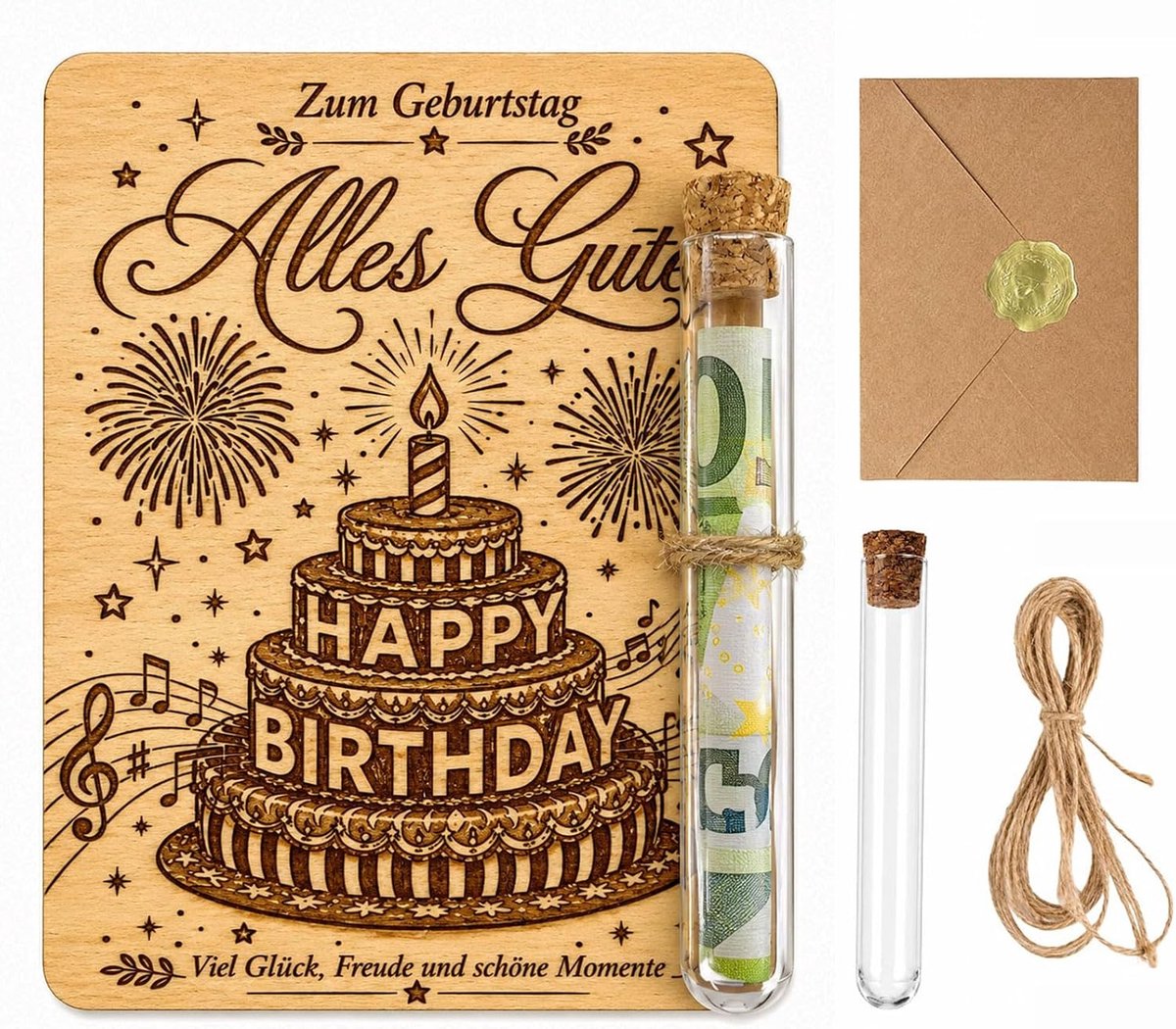 Verjaardagskaart Verjaardagscadeau Happy Birthday - Houten kaart Laser Gravure, Geldgeschenk Bus + Envelop 13cm x - ShopVlot