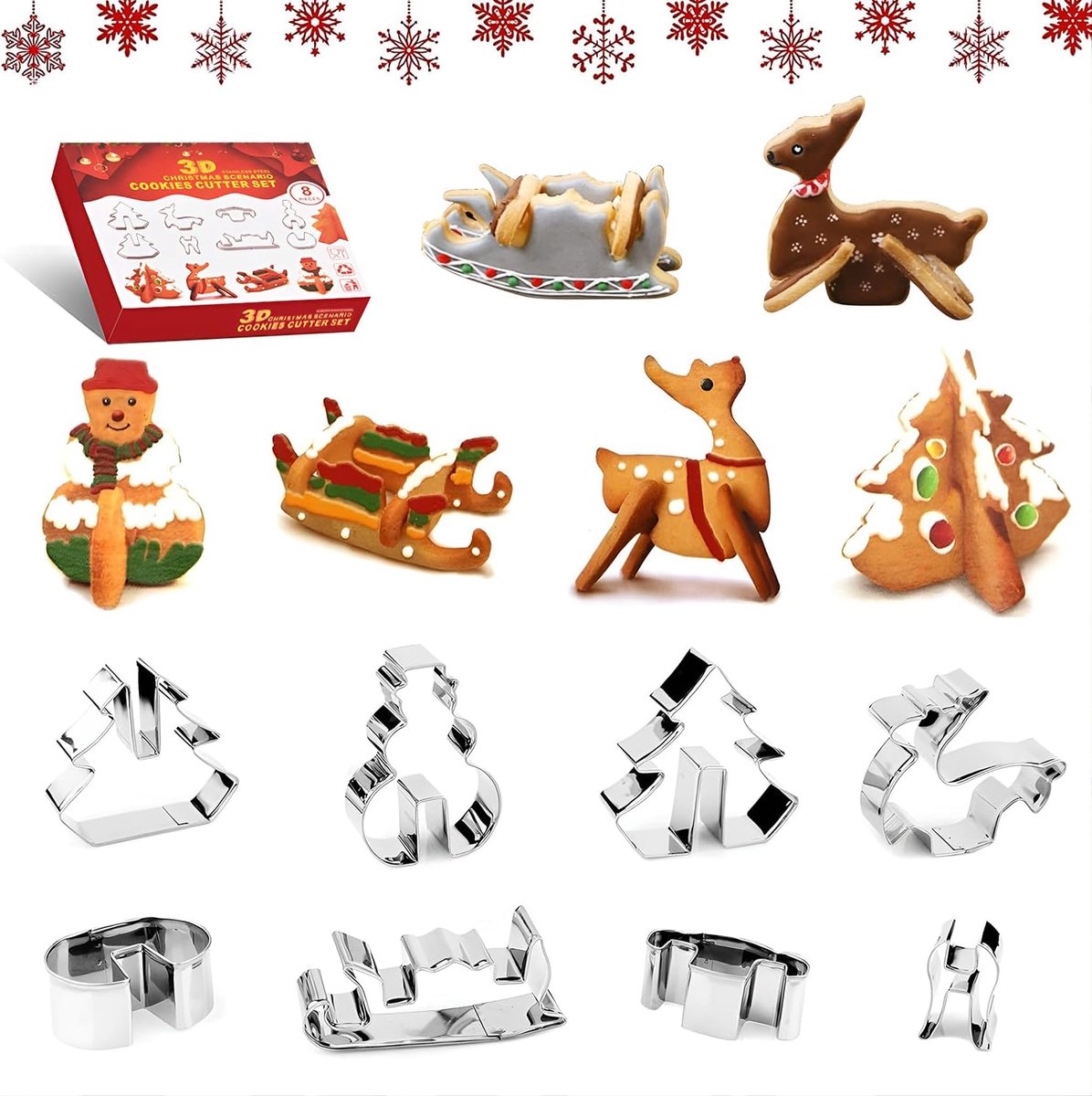 8pcs Christmas 3D Cookie Cutters Cookie Cutters Cookie Cutters for Christmas Cookies Stainless Steel Cookie Cutters - ShopVlot