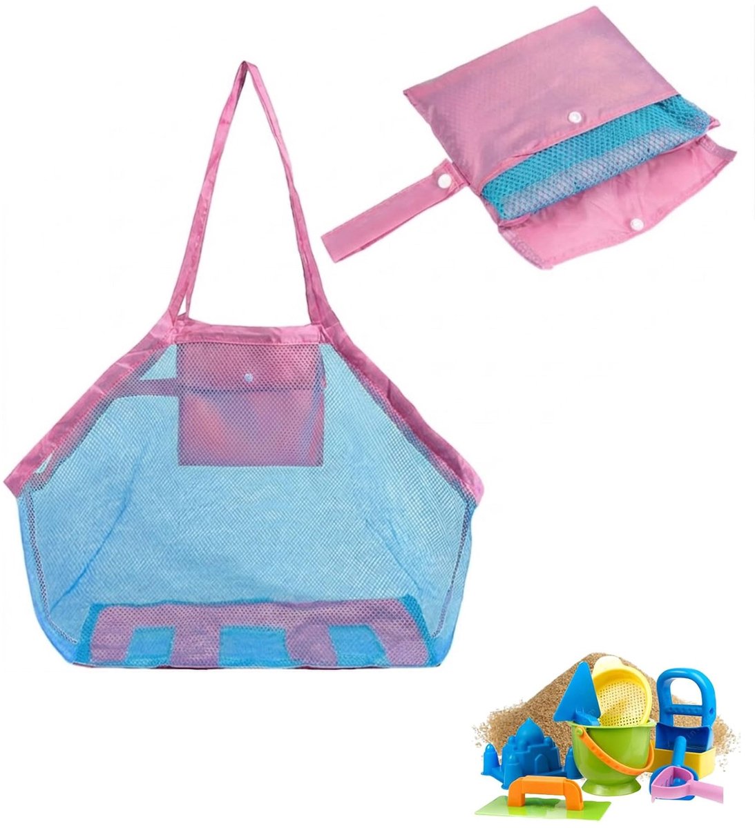Grote net-strandtas voor speelgoed - blauw - met ritssluiting - ideaal voor het zwembad - ShopVlot
