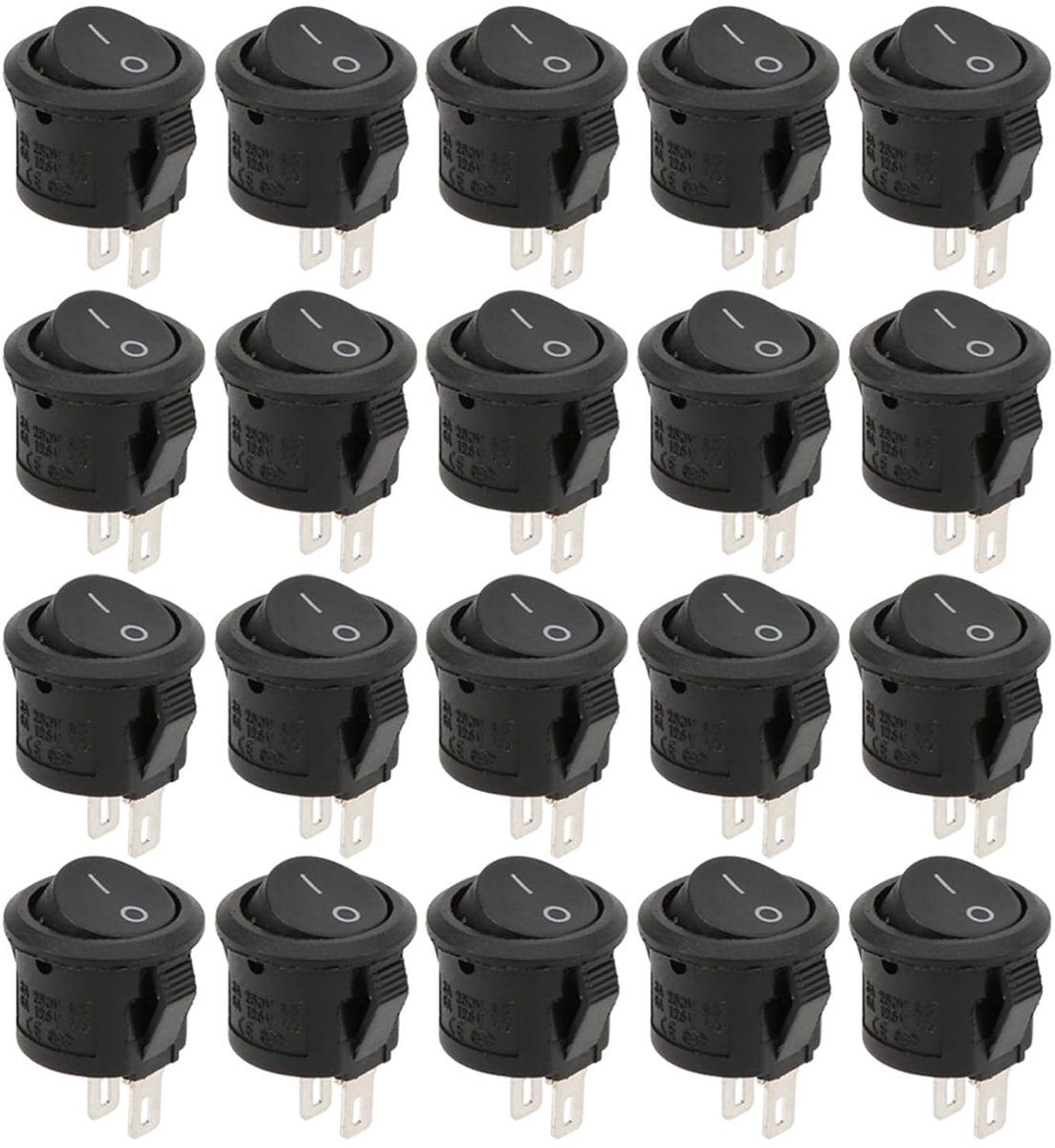 Rocker Switch On/Off 2 Positions, 2 Pins 20A 250V, Round Plastic 16mm Diameter, 20 Pieces - ShopVlot