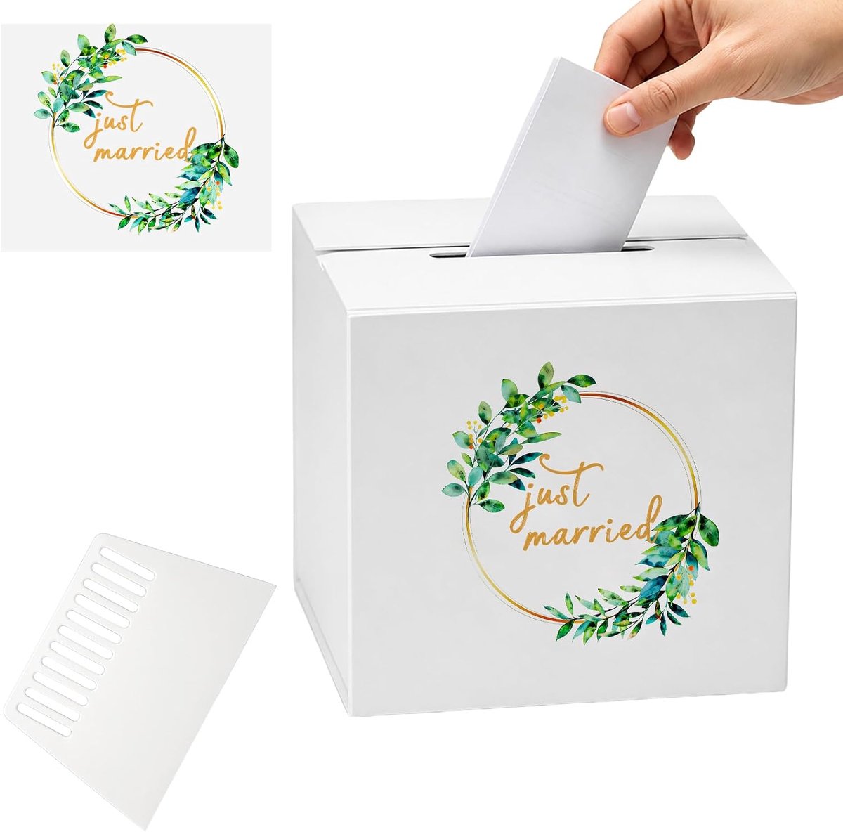 Kaartendoos bruiloft 21x21 cm - wit karton - met transferstickers en rakel - voor wenskaarten en geldgeschenken - ShopVlot