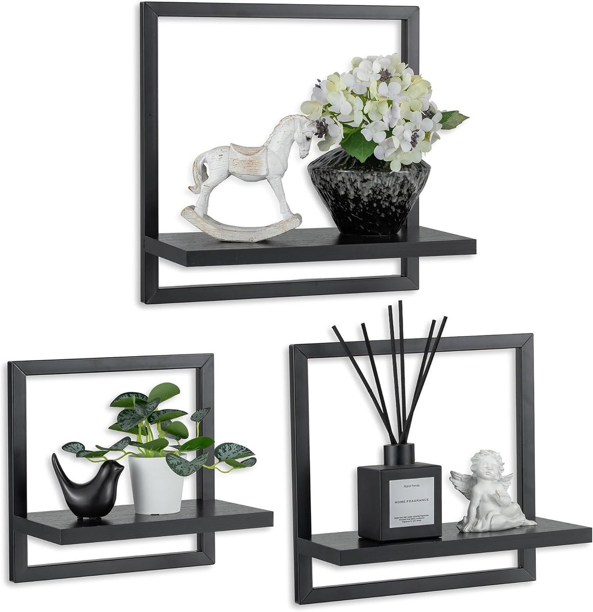 Set van 3 Zwarte Metalen Wandplanken - Vierkante Wanddecoratie voor Woonkamer, Badkamer en Slaapkamer, Modern en Ruimtebesparend